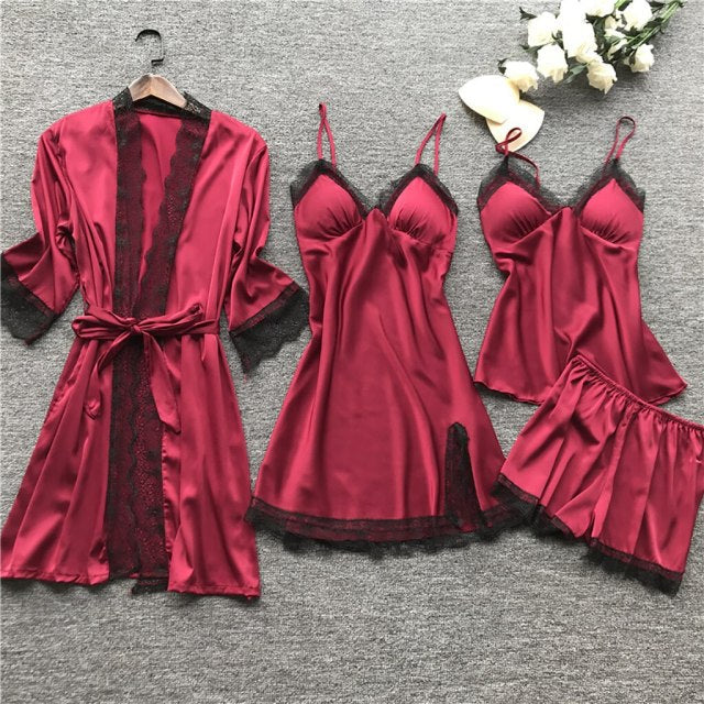 4 Pieces Women Pajamas Sets Satin Sleepwear Silk Nightwear Pyjama Soild Strap Lace Sleep Lounge Pijama With Chest Pads