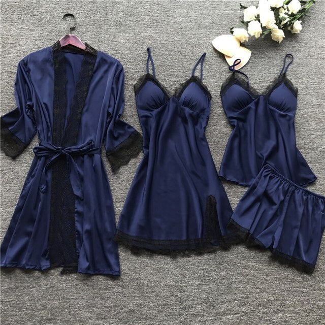 4 Pieces Women Pajamas Sets Satin Sleepwear Silk Nightwear Pyjama Soild Strap Lace Sleep Lounge Pijama With Chest Pads