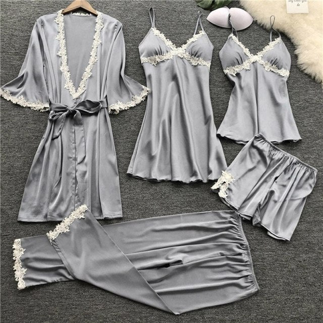 4 Pieces Women Pajamas Sets Satin Sleepwear Silk Nightwear Pyjama Soild Strap Lace Sleep Lounge Pijama With Chest Pads