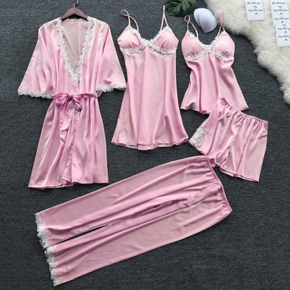 4 Pieces Women Pajamas Sets Satin Sleepwear Silk Nightwear Pyjama Soild Strap Lace Sleep Lounge Pijama With Chest Pads