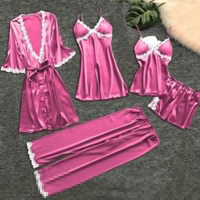 4 Pieces Women Pajamas Sets Satin Sleepwear Silk Nightwear Pyjama Soild Strap Lace Sleep Lounge Pijama With Chest Pads