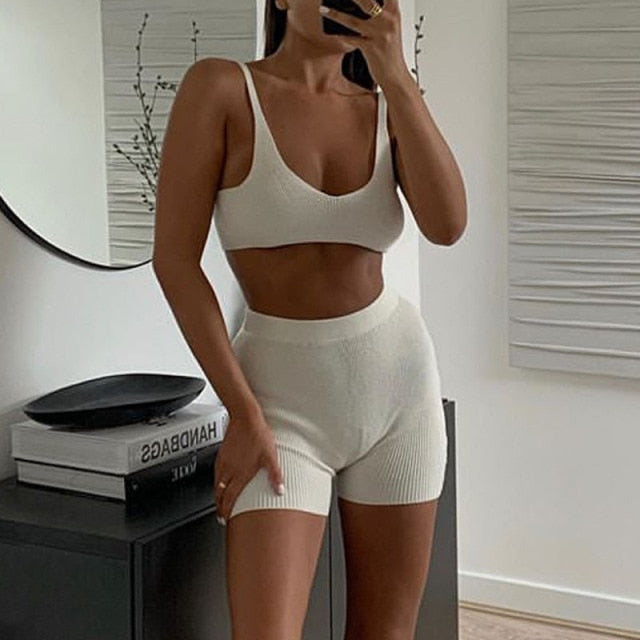 Spring Summer Rib Knit Homewear Suits Women Sexy V-neck Strap Vest Top and Shorts Pajama Sets Lady Backless Solid 2 Pcs Set