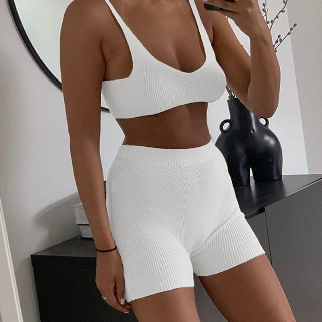 Spring Summer Rib Knit Homewear Suits Women Sexy V-neck Strap Vest Top and Shorts Pajama Sets Lady Backless Solid 2 Pcs Set