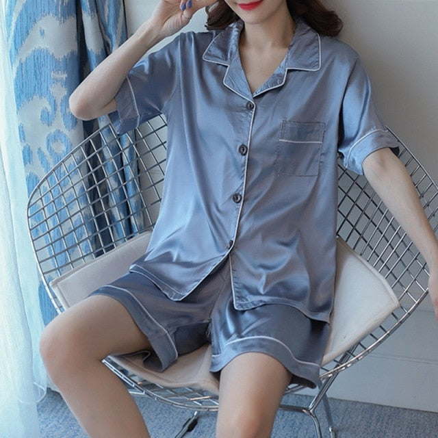 Silk Pajamas for Women Home Suit Heart Embroidered Pyjamas Pj Set Satin Nightwear Sleepwear Pijama Verano Mujer