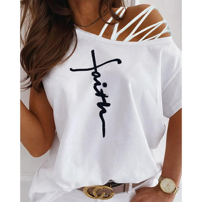 New Summer Off Shoulder Casual Short Sleeved T Shirts Women's Sexy Letter Printed Oversize Plus Size Fashion Clothes Tops