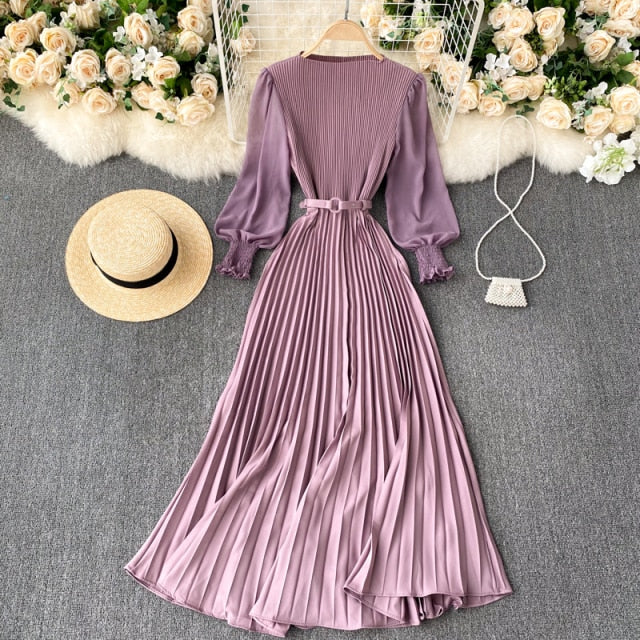 Autumn Fashion Streetwear Long Dress Design French Pleated Maxi Dress Women Elegant O Neck Long Sleeve A-line Dress