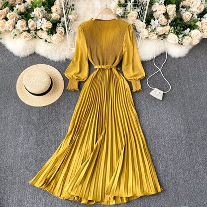 Autumn Fashion Streetwear Long Dress Design French Pleated Maxi Dress Women Elegant O Neck Long Sleeve A-line Dress