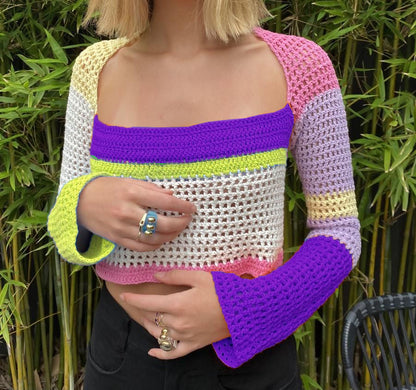 Colorful Crochet Long Charming Sleeve Crop Top