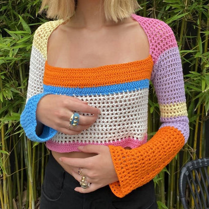 Colorful Crochet Long Charming Sleeve Crop Top