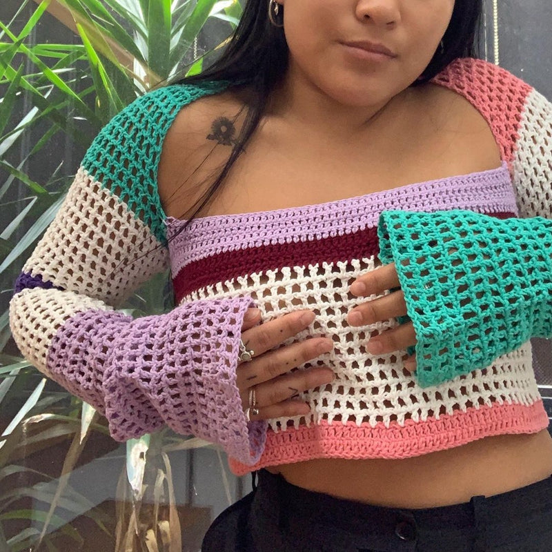 Colorful Crochet Long Charming Sleeve Crop Top