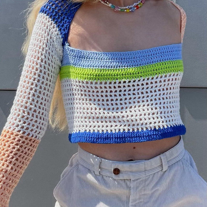 Colorful Crochet Long Charming Sleeve Crop Top