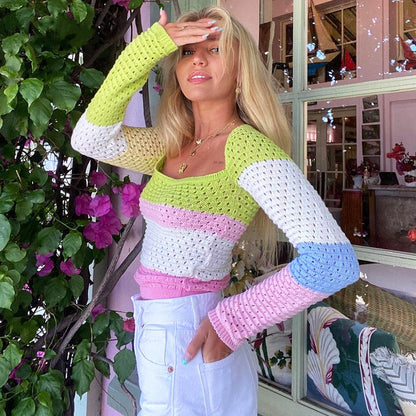 Colorful Crochet Long Charming Sleeve Crop Top