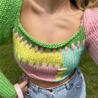 Colorful Crochet Long Sleeve Crop Top Free From Label