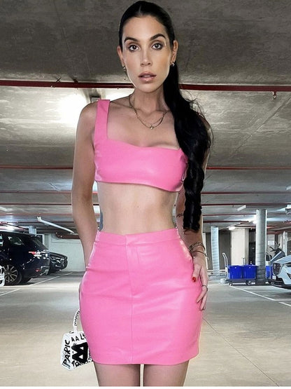 Pink Faux Leather Two Graceful Piece Skirt And Bralette Set