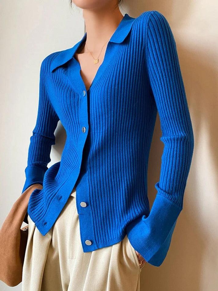 Solid Color Ribbed Metal Button V Neck Cardigan